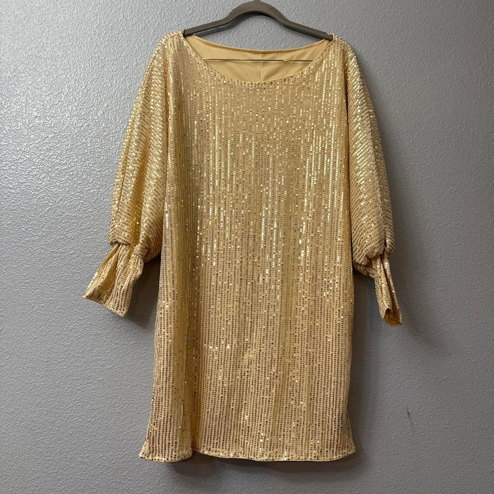 Women's Gold Sequin Mini Dress with Bell Puff Sleeves Sparkling Party Dress